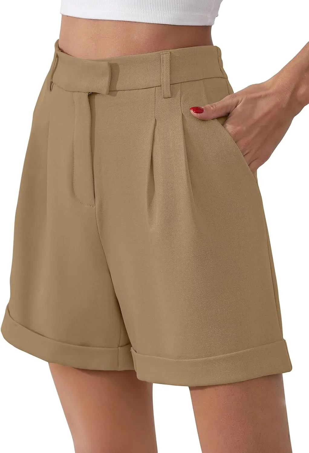 Gracyoga Shorts for Women Trendy Summer Elastic High Waisted Wide Leg Casual Short Loose Cuffed Hem Work Trouser Shorts