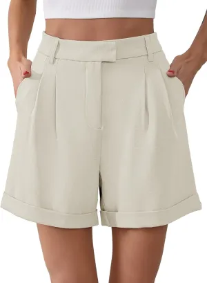 Gracyoga Shorts for Women Trendy Summer Elastic High Waisted Wide Leg Casual Short Loose Cuffed Hem Work Trouser Shorts