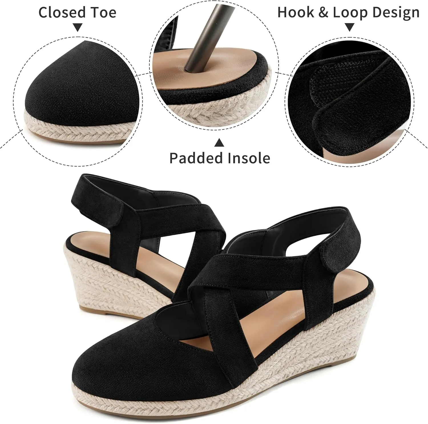 HARENCE Espadrilles Wedge Sandals for Women: Comfortable Closed Toe Ankle Strap Summer Dressy Platform Heels Shoes