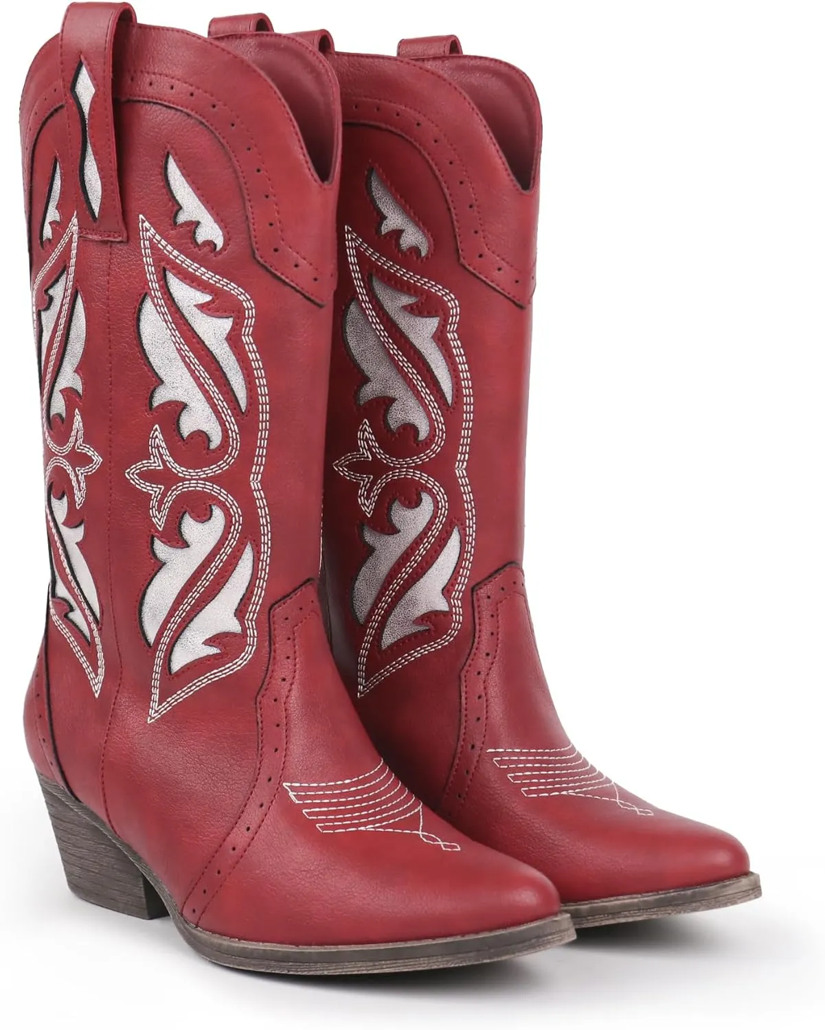Hawkwell Women's Embroidered Stitched Mid Calf Cowboy Boots Pointed Toe Chunky Block Heel Classic Pull On Cowgirl Western Booties