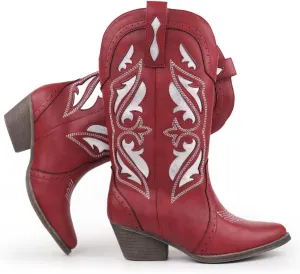 Hawkwell Women's Embroidered Stitched Mid Calf Cowboy Boots Pointed Toe Chunky Block Heel Classic Pull On Cowgirl Western Booties