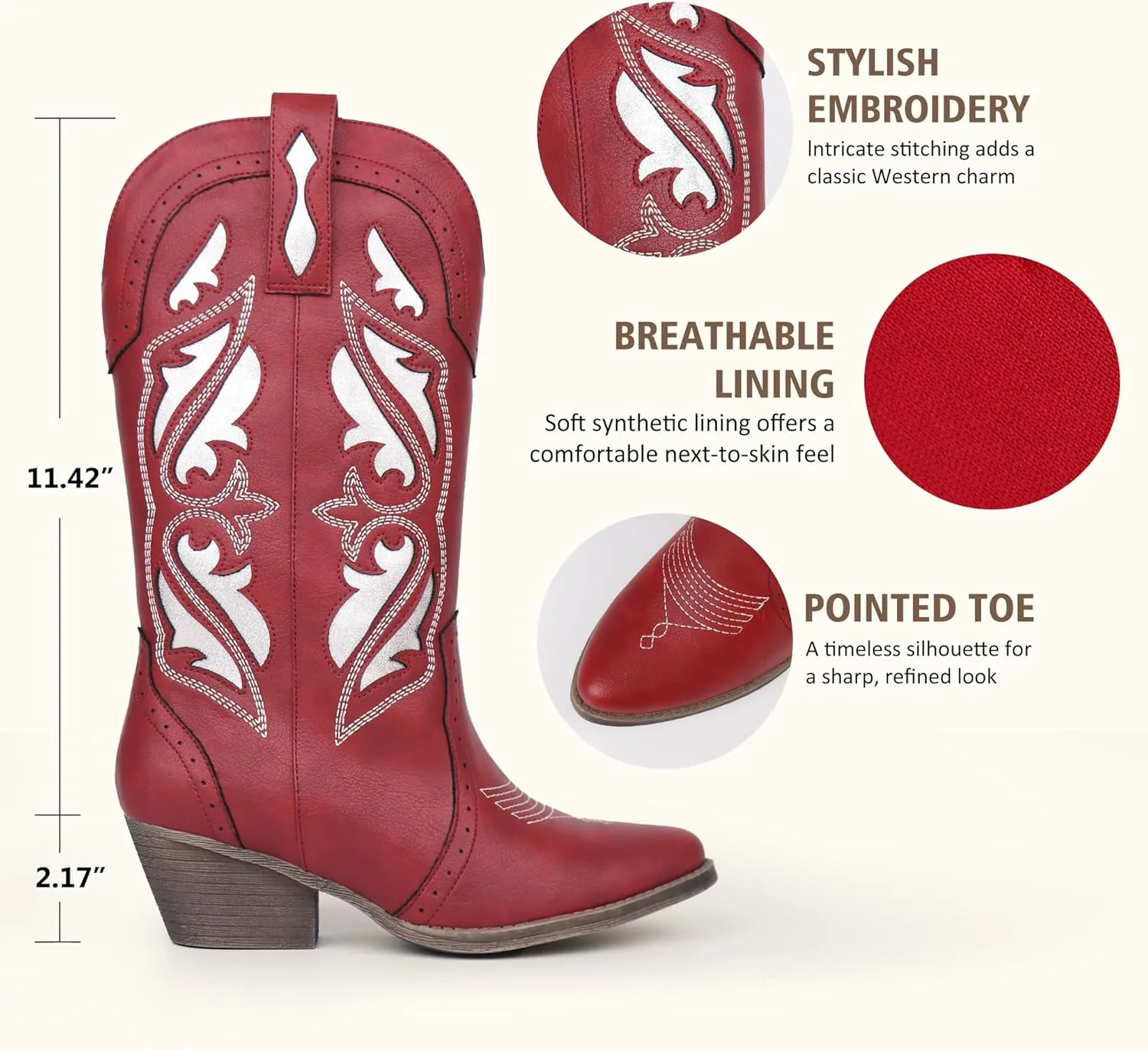 Hawkwell Women's Embroidered Stitched Mid Calf Cowboy Boots Pointed Toe Chunky Block Heel Classic Pull On Cowgirl Western Booties