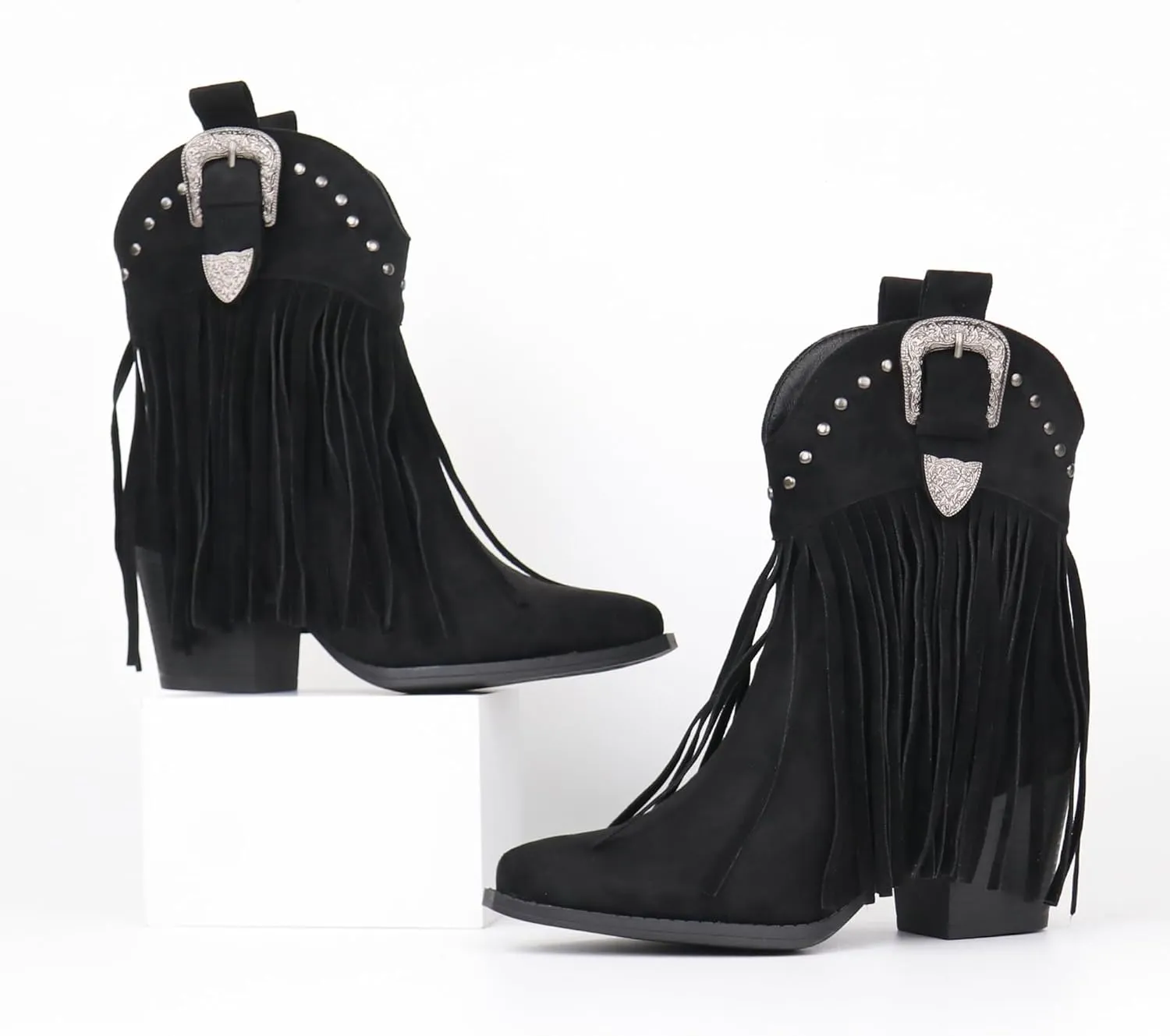 Hawkwell Women's Fringe Cowboy Cowgirl Boots Snip Toe Pull On Dress Western Ankle Booties