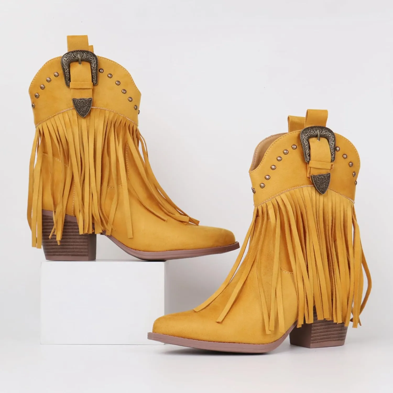 Hawkwell Women's Fringe Cowboy Cowgirl Boots Snip Toe Pull On Dress Western Ankle Booties