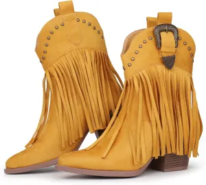 Hawkwell Women's Fringe Cowboy Cowgirl Boots Snip Toe Pull On Dress Western Ankle Booties