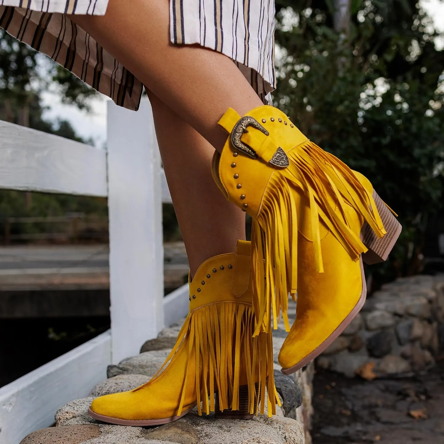 Hawkwell Women's Fringe Cowboy Cowgirl Boots Snip Toe Pull On Dress Western Ankle Booties