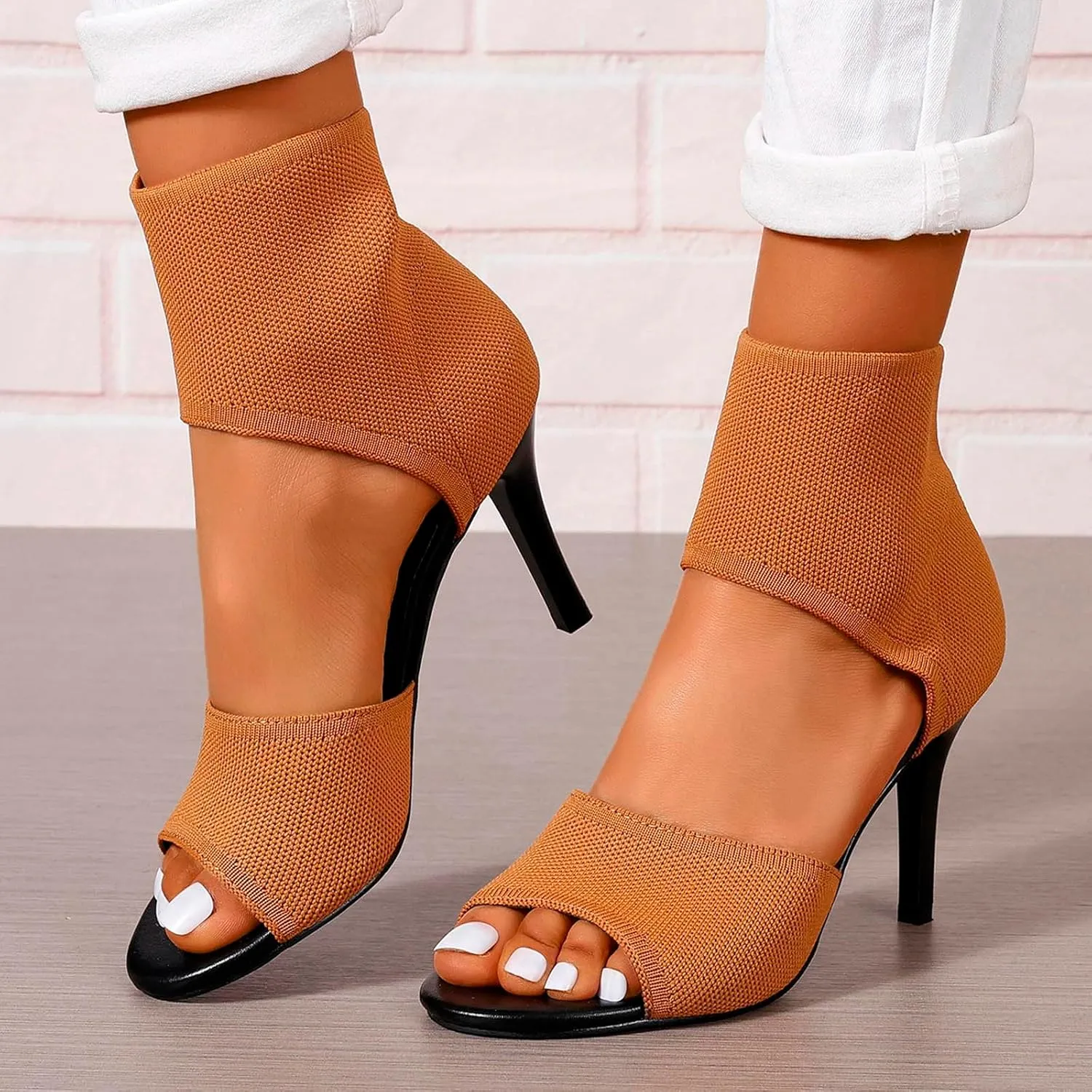 Heel Sandals for Women Sexy Stiletto High Heels Dressy Slip On Comfortable Soft Breathable Knit Open Toe Wide Booties Sandal Prom Party and Work Shoes