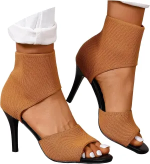 Heel Sandals for Women Sexy Stiletto High Heels Dressy Slip On Comfortable Soft Breathable Knit Open Toe Wide Booties Sandal Prom Party and Work Shoes