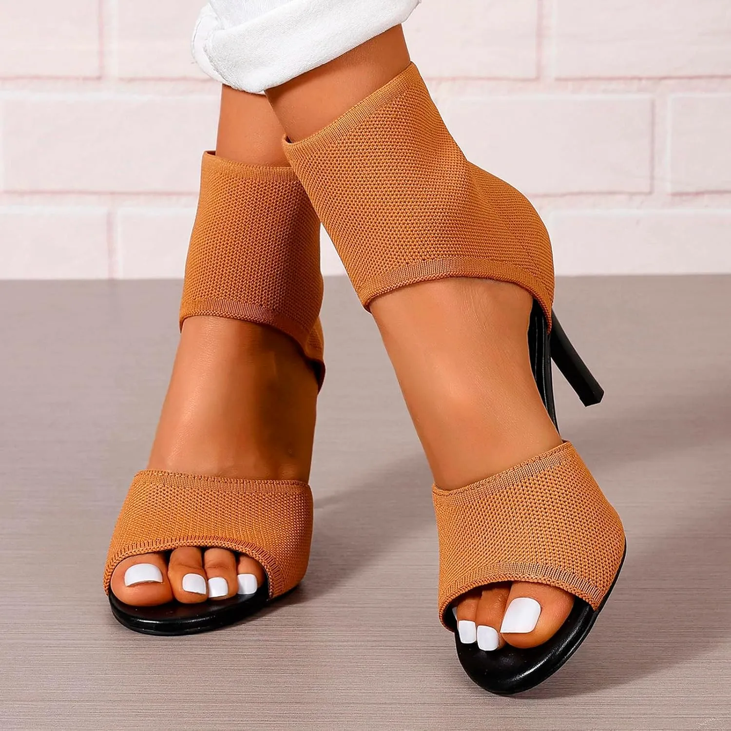 Heel Sandals for Women Sexy Stiletto High Heels Dressy Slip On Comfortable Soft Breathable Knit Open Toe Wide Booties Sandal Prom Party and Work Shoes