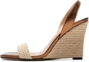 heelchic Wedge Sandals for Women, Metallic Gold Espadrilles for Women Dressy Strappy Heels, Open Toe Comfortable Slip On Slingback Sandals