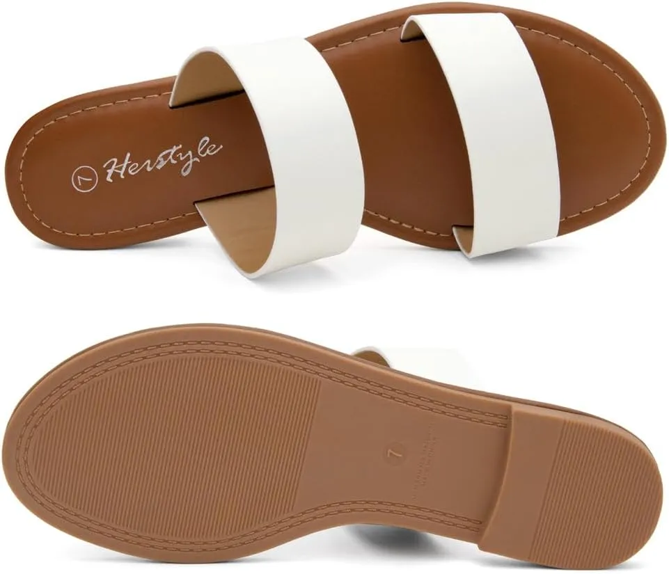 Herstyle Women’s Flat Sandals – Two Strap Comfortable Slides with Memory Foam, Trendy 2025 Summer Sandals, Lightweight Slip-On Open Toe Dressy & Casual Slippers for Women