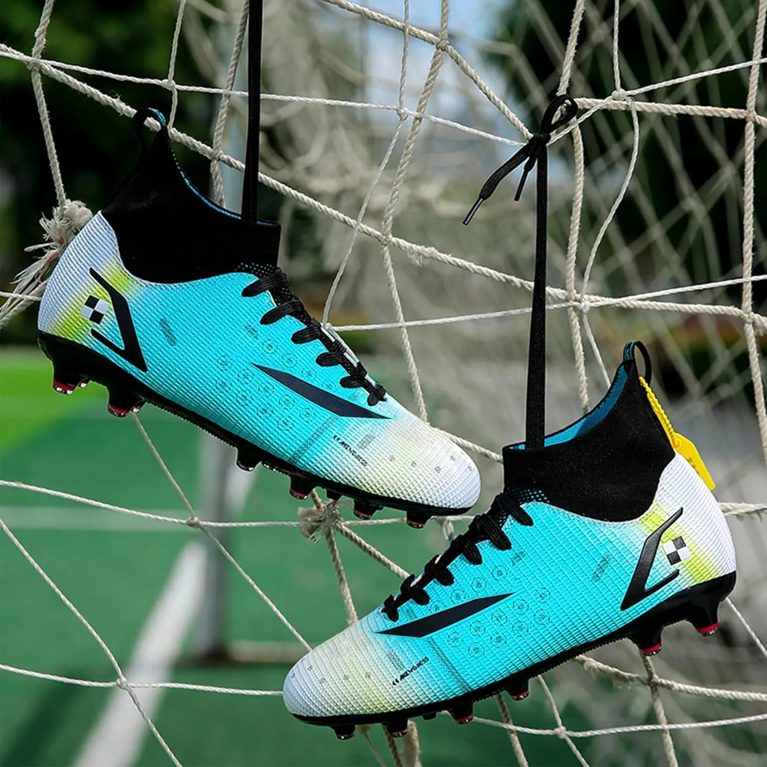 HHY Men's Soccer Shoes Football Cleats with Lace-Up High-Tops Non-Slip Spikes