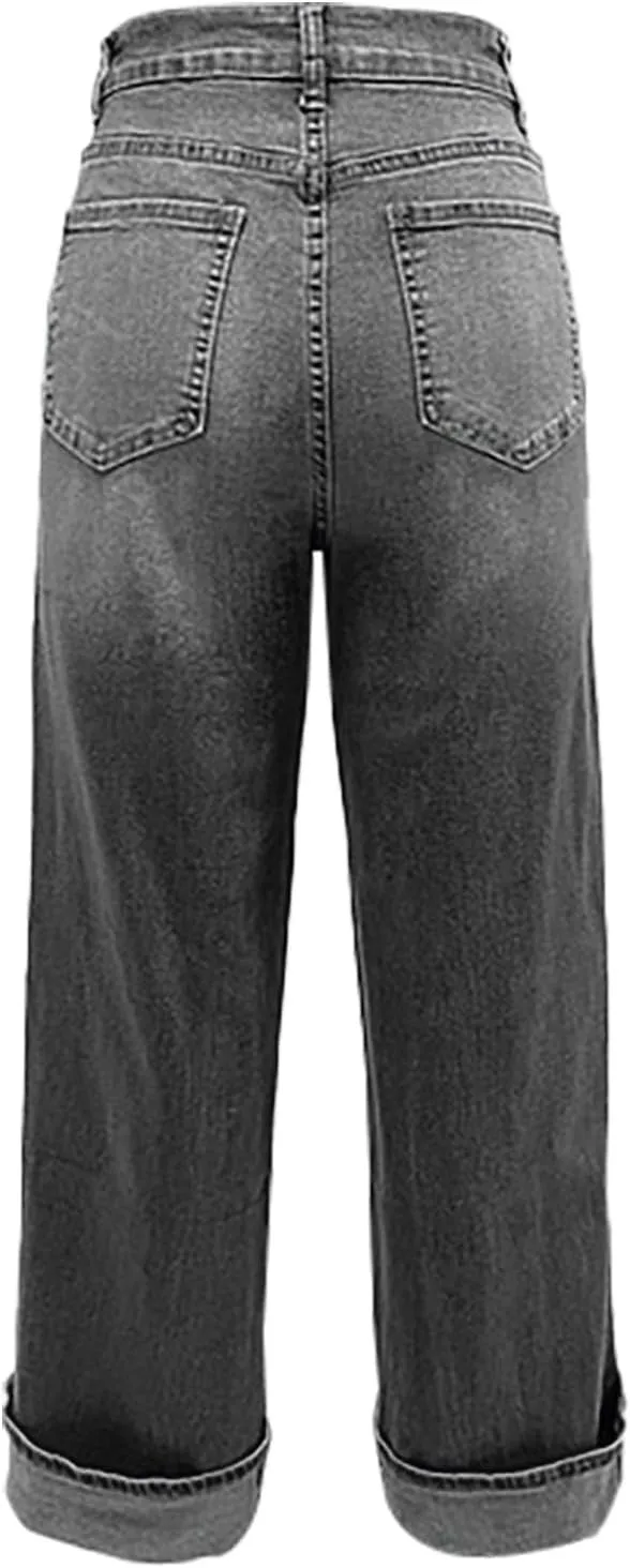 High-Waisted Wide-Leg Jeans for Women Stylish Loose Fit Classic Design Casual Denim Pants Street Washed Denim Trouser