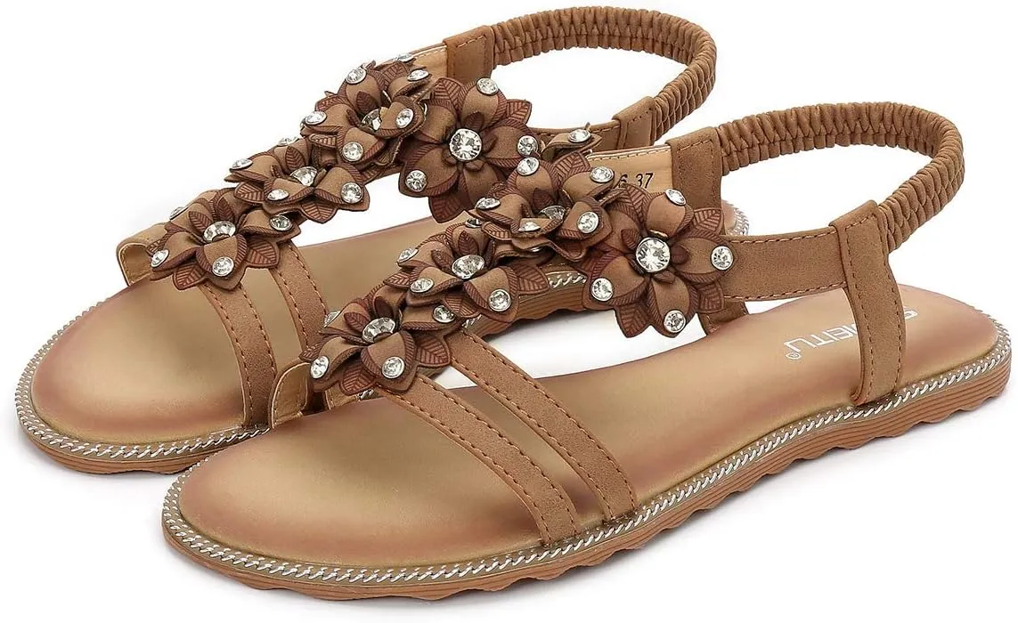 HNGHOU Women's Summer Sandals Casual Comfortable Bohemia Beach Flat Sandals Open Toe Ankle Crystal Gladiator Shoes