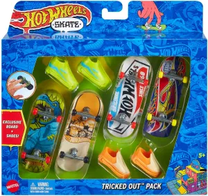 Hot Wheels Skate 4 Fingerboards & 2 Pairs of Removable Skate Shoes, Tricked Out Pack of Fully Assembled Boards, 1 Exclusive Set