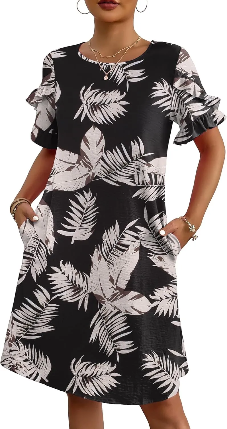 HOTOUCH Womens Summer Dress 2025 Short Sleeve A-Line Mini Dress Casual Crew Neck Shift Dress Beach Sundress with Pockets