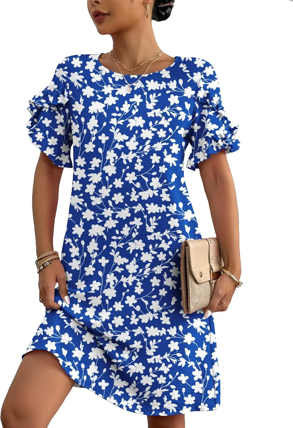 HOTOUCH Womens Summer Dress 2025 Short Sleeve A-Line Mini Dress Casual Crew Neck Shift Dress Beach Sundress with Pockets