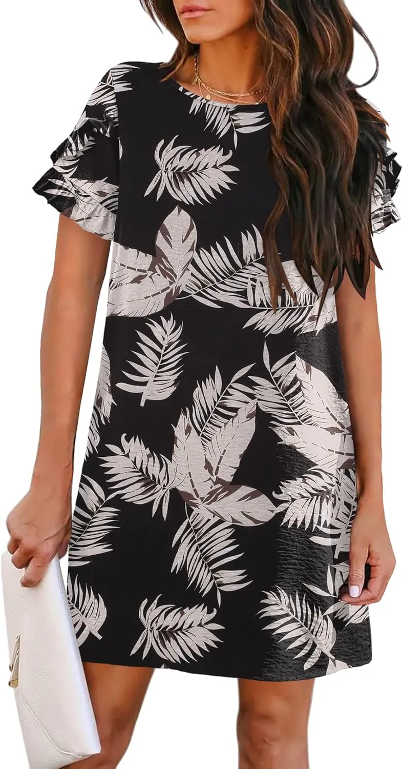 HOTOUCH Womens Summer Dress 2025 Short Sleeve A-Line Mini Dress Casual Crew Neck Shift Dress Beach Sundress with Pockets