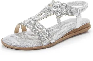 iCKER Women Rhinestone Sandals T-Strap Buckle Bohemian Pearl Crystal Flat Sandals