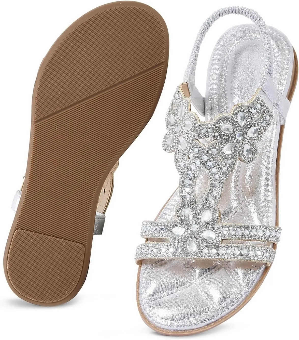 iCKER Women Rhinestone Sandals T-Strap Buckle Bohemian Pearl Crystal Flat Sandals