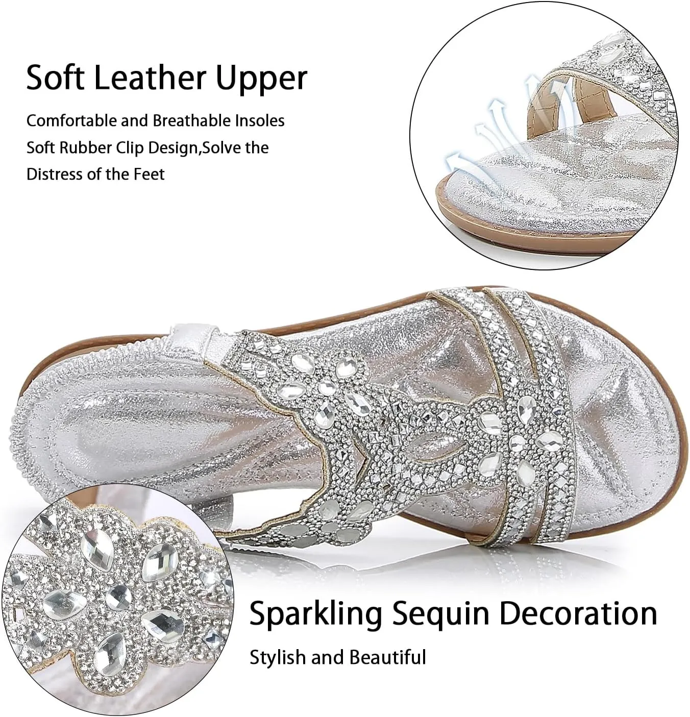 iCKER Women Rhinestone Sandals T-Strap Buckle Bohemian Pearl Crystal Flat Sandals