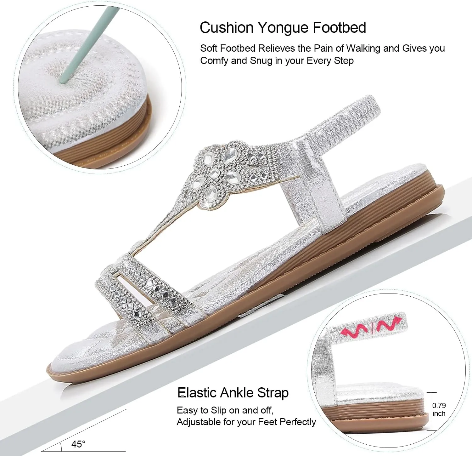 iCKER Women Rhinestone Sandals T-Strap Buckle Bohemian Pearl Crystal Flat Sandals