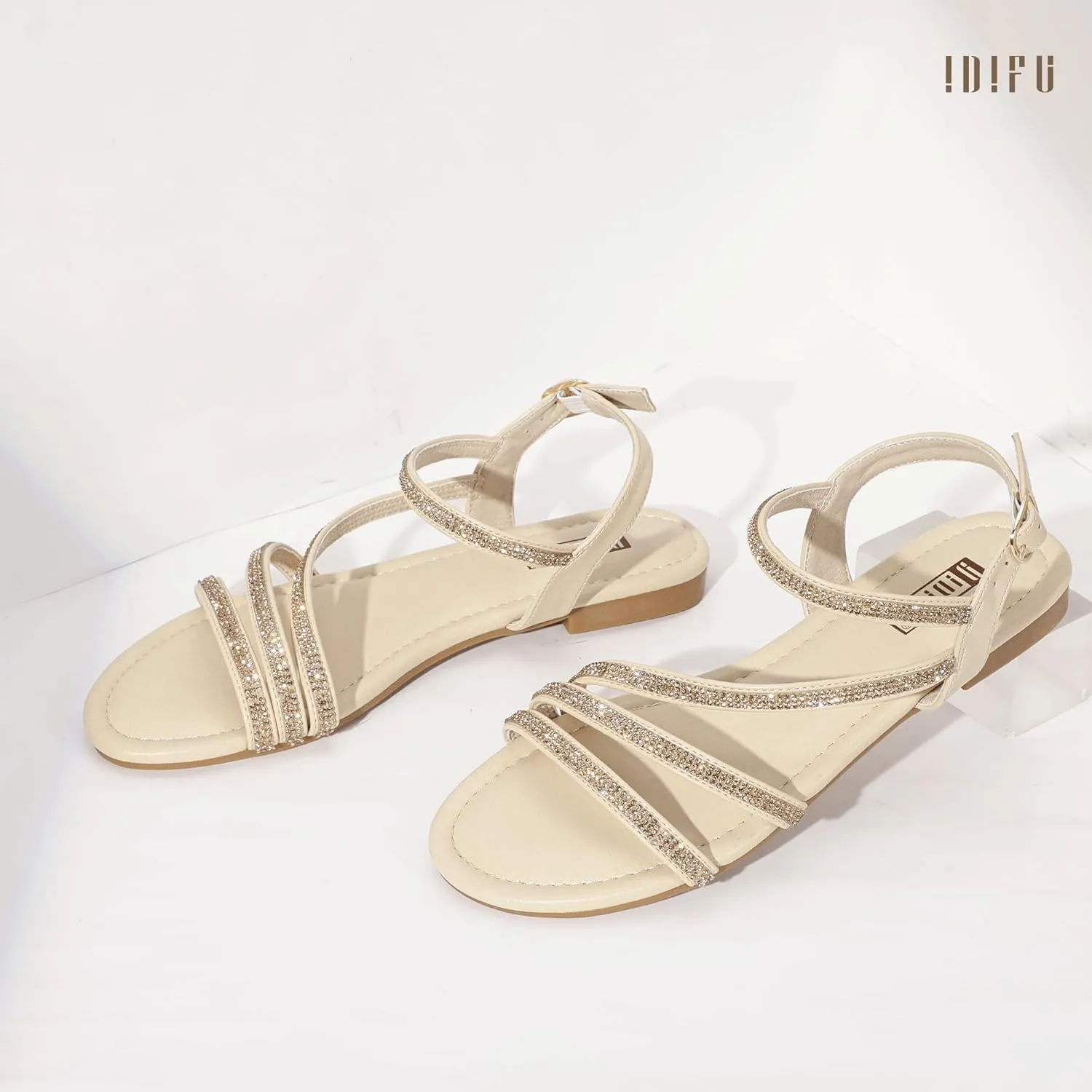 IDIFU Rhinestone Strappy Sandals for Women Dressy Summer Glitter Flat Sandals with Back Strap Open Toe Slingback Ankle Strap Sandals Wedding Bridal Prom Sparkly Bling Comfortable Cute Dress Sandals