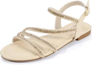 IDIFU Rhinestone Strappy Sandals for Women Dressy Summer Glitter Flat Sandals with Back Strap Open Toe Slingback Ankle Strap Sandals Wedding Bridal Prom Sparkly Bling Comfortable Cute Dress Sandals