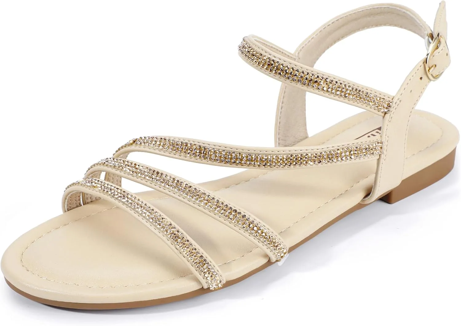 IDIFU Rhinestone Strappy Sandals for Women Dressy Summer Glitter Flat Sandals with Back Strap Open Toe Slingback Ankle Strap Sandals Wedding Bridal Prom Sparkly Bling Comfortable Cute Dress Sandals