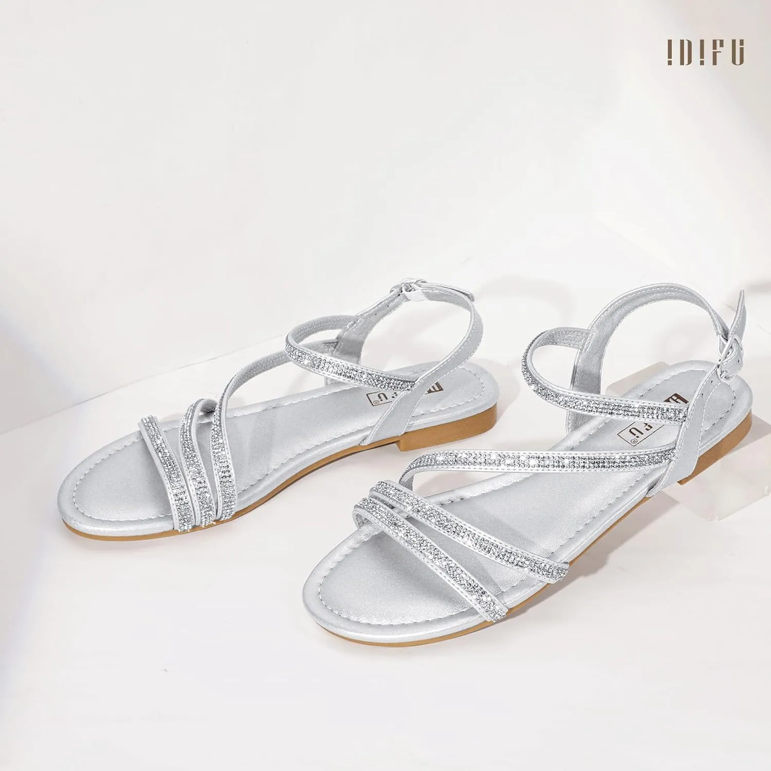 IDIFU Rhinestone Strappy Sandals for Women Dressy Summer Glitter Flat Sandals with Back Strap Open Toe Slingback Ankle Strap Sandals Wedding Bridal Prom Sparkly Bling Comfortable Cute Dress Sandals