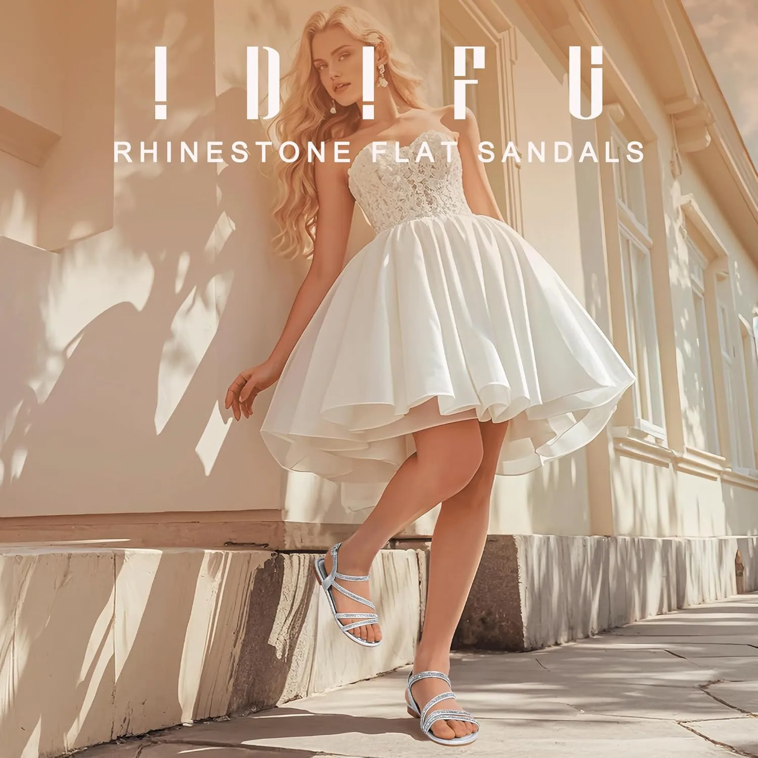 IDIFU Rhinestone Strappy Sandals for Women Dressy Summer Glitter Flat Sandals with Back Strap Open Toe Slingback Ankle Strap Sandals Wedding Bridal Prom Sparkly Bling Comfortable Cute Dress Sandals