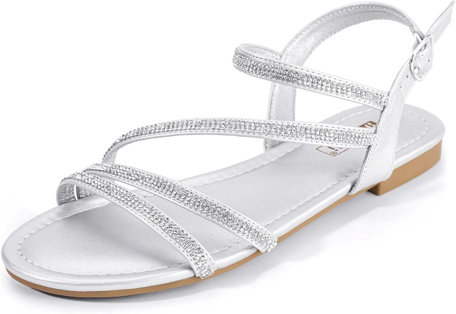 IDIFU Rhinestone Strappy Sandals for Women Dressy Summer Glitter Flat Sandals with Back Strap Open Toe Slingback Ankle Strap Sandals Wedding Bridal Prom Sparkly Bling Comfortable Cute Dress Sandals
