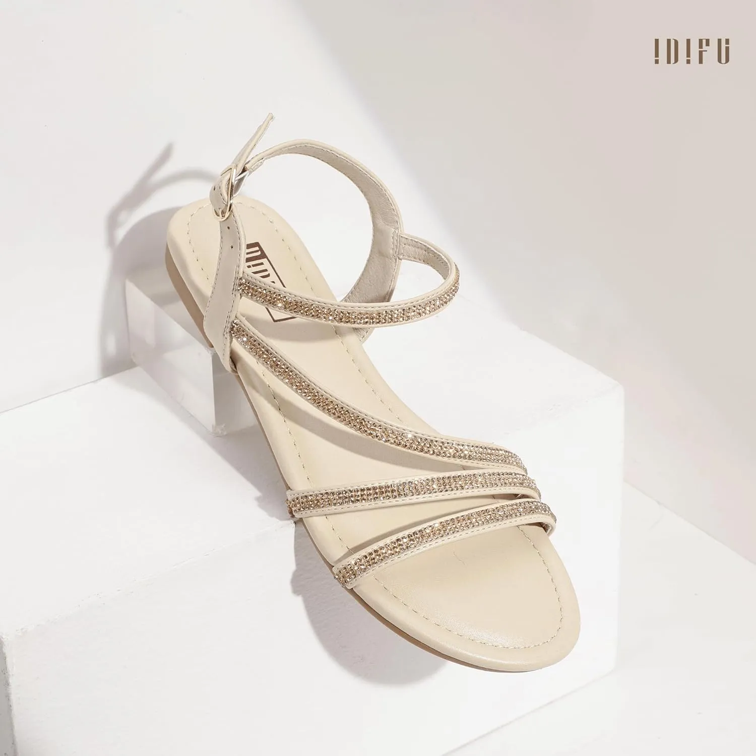 IDIFU Rhinestone Strappy Sandals for Women Dressy Summer Glitter Flat Sandals with Back Strap Open Toe Slingback Ankle Strap Sandals Wedding Bridal Prom Sparkly Bling Comfortable Cute Dress Sandals