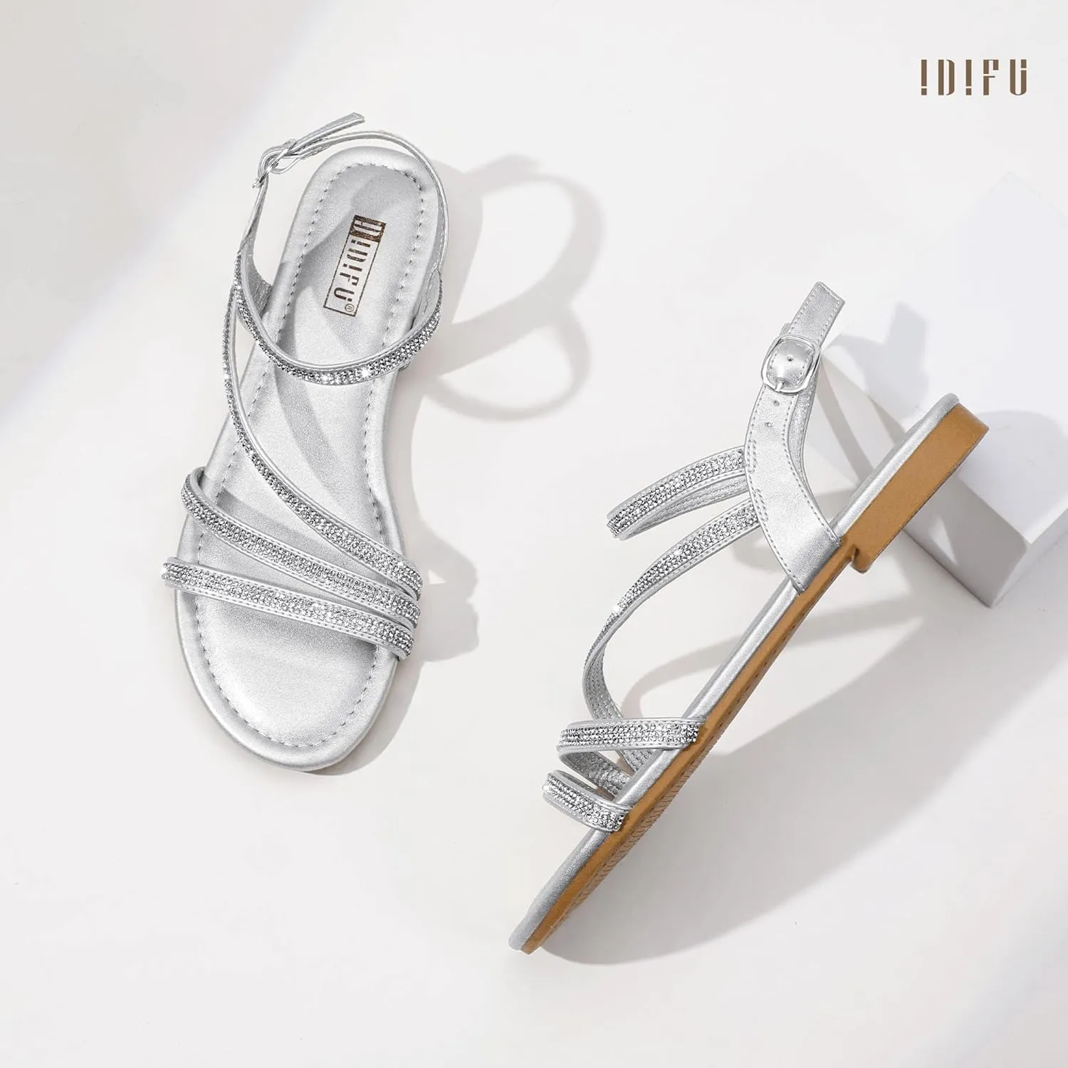 IDIFU Rhinestone Strappy Sandals for Women Dressy Summer Glitter Flat Sandals with Back Strap Open Toe Slingback Ankle Strap Sandals Wedding Bridal Prom Sparkly Bling Comfortable Cute Dress Sandals