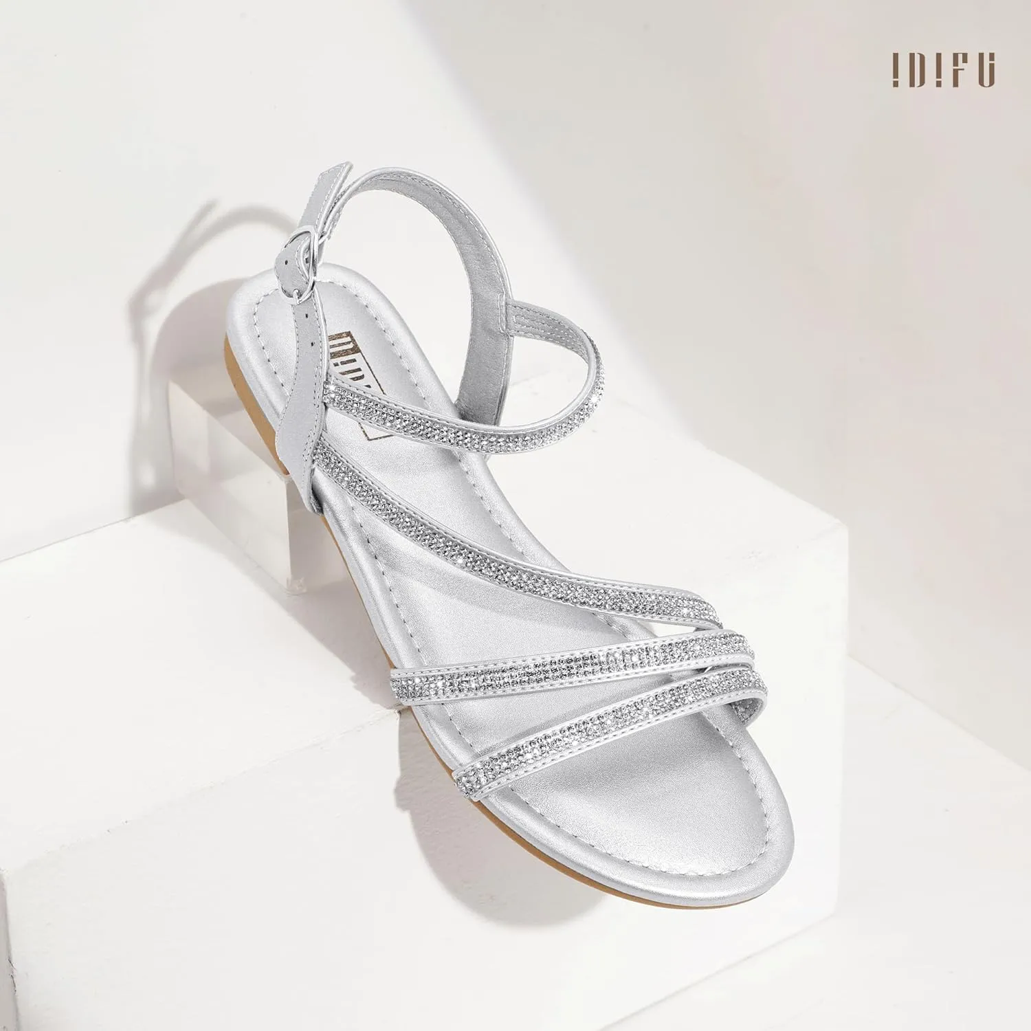 IDIFU Rhinestone Strappy Sandals for Women Dressy Summer Glitter Flat Sandals with Back Strap Open Toe Slingback Ankle Strap Sandals Wedding Bridal Prom Sparkly Bling Comfortable Cute Dress Sandals