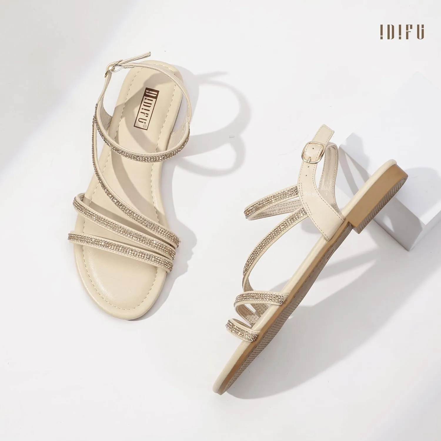 IDIFU Rhinestone Strappy Sandals for Women Dressy Summer Glitter Flat Sandals with Back Strap Open Toe Slingback Ankle Strap Sandals Wedding Bridal Prom Sparkly Bling Comfortable Cute Dress Sandals