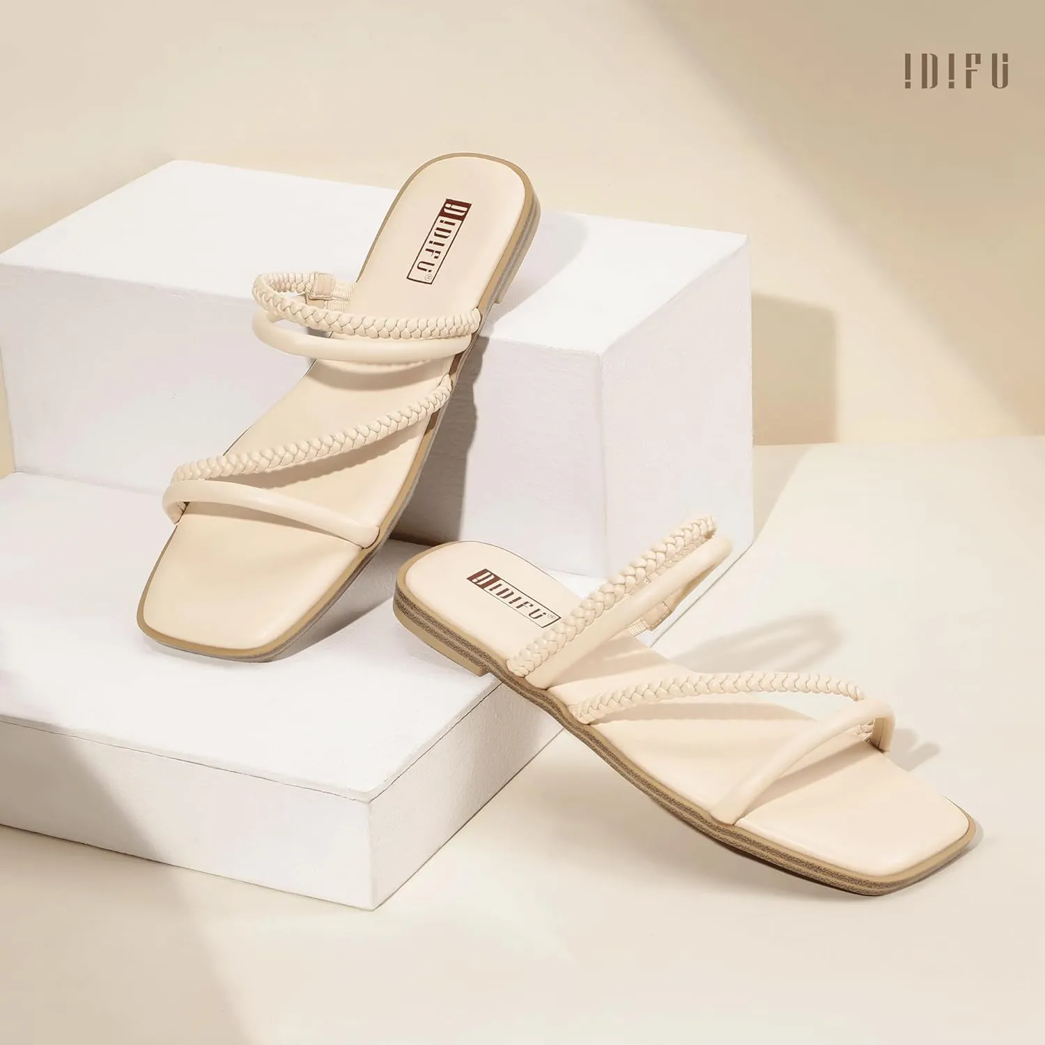 IDIFU Womens Braided Strappy Flat Sandals Square Open Toe Slide Sandals Slip On Slingback Dress Sandals Summer Beach Casual Ladies Comfortable Dressy Cute Trendy Sandals
