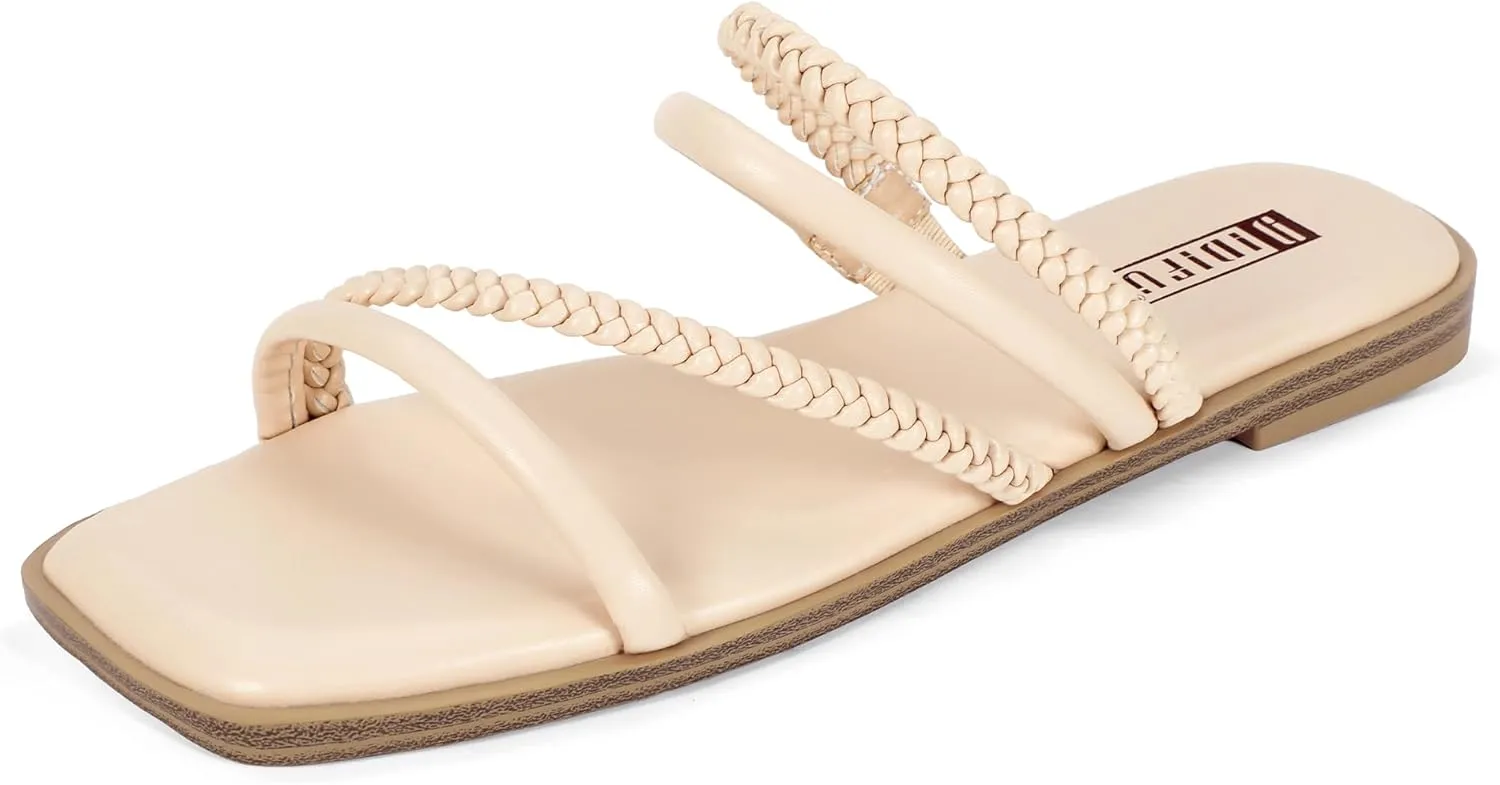 IDIFU Womens Braided Strappy Flat Sandals Square Open Toe Slide Sandals Slip On Slingback Dress Sandals Summer Beach Casual Ladies Comfortable Dressy Cute Trendy Sandals