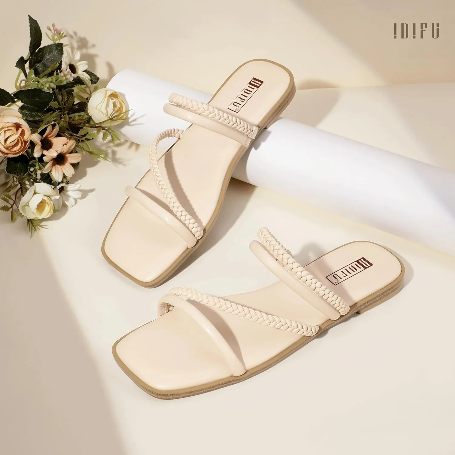 IDIFU Womens Braided Strappy Flat Sandals Square Open Toe Slide Sandals Slip On Slingback Dress Sandals Summer Beach Casual Ladies Comfortable Dressy Cute Trendy Sandals