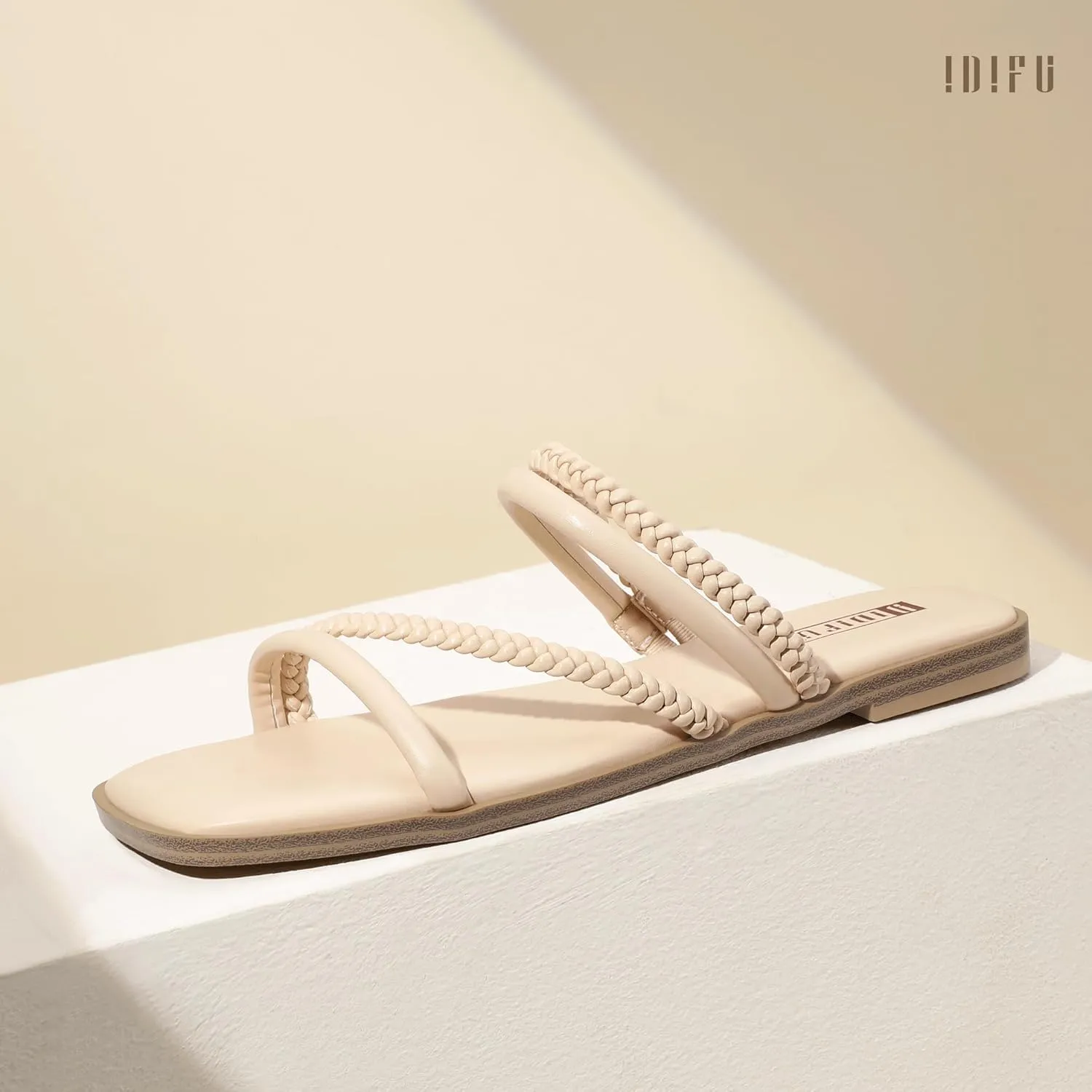 IDIFU Womens Braided Strappy Flat Sandals Square Open Toe Slide Sandals Slip On Slingback Dress Sandals Summer Beach Casual Ladies Comfortable Dressy Cute Trendy Sandals