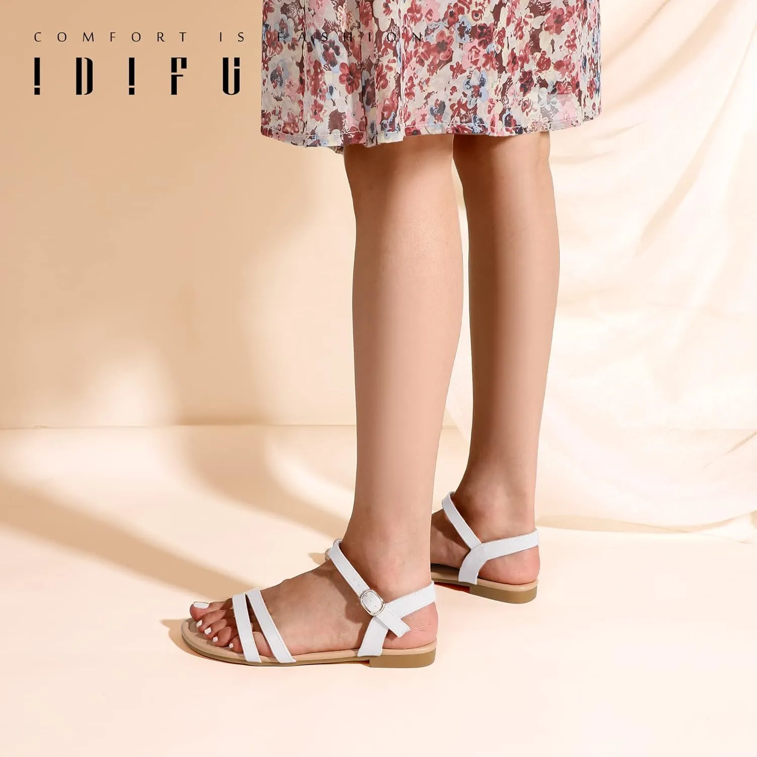 IDIFU Women's Flat Sandals Dressy Summer Strappy Sandals Open Toe Slingback Ankle Strap Dress Sandals with Two Toe Strap Wedding Prom Beach Bride Bridesmaid Sandals Comfortable Fashion Cute Sandals