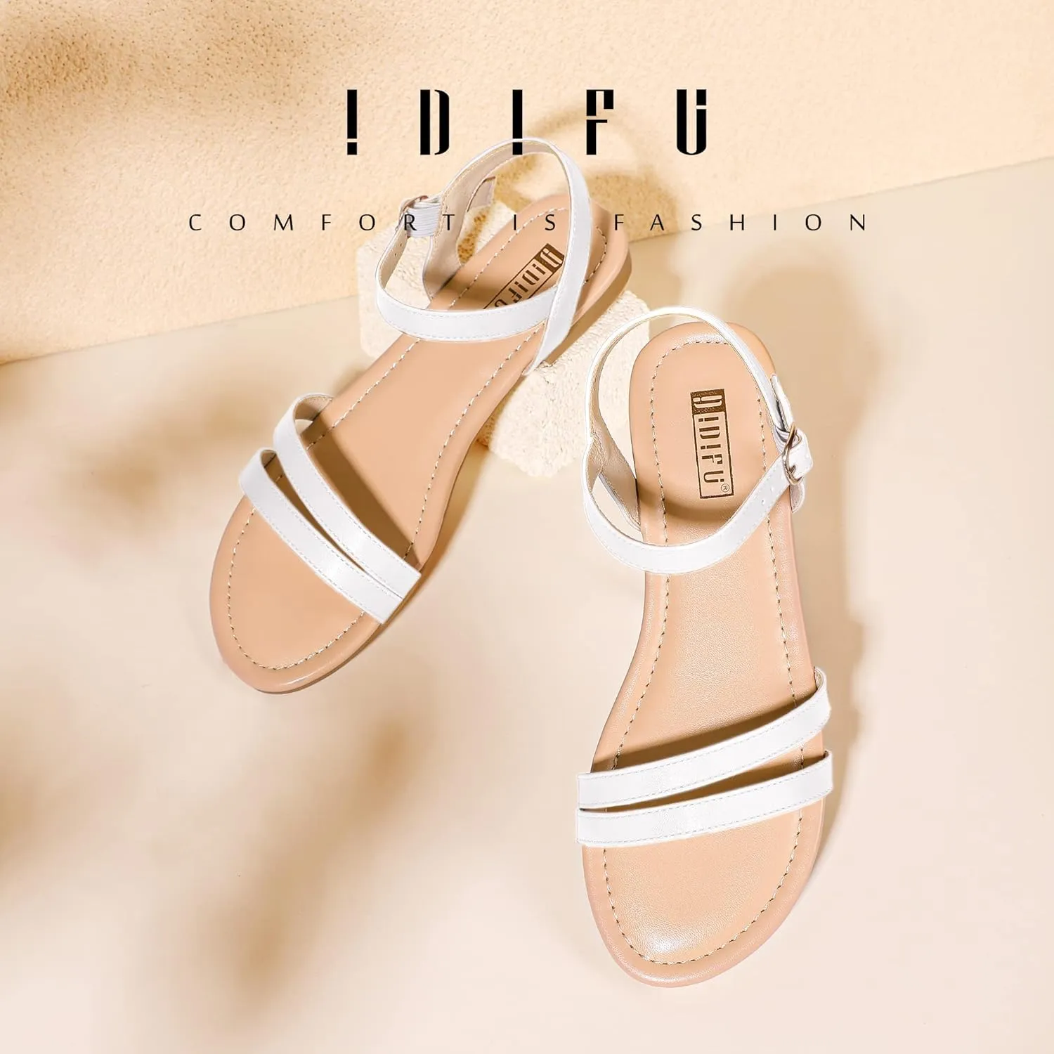 IDIFU Women's Flat Sandals Dressy Summer Strappy Sandals Open Toe Slingback Ankle Strap Dress Sandals with Two Toe Strap Wedding Prom Beach Bride Bridesmaid Sandals Comfortable Fashion Cute Sandals
