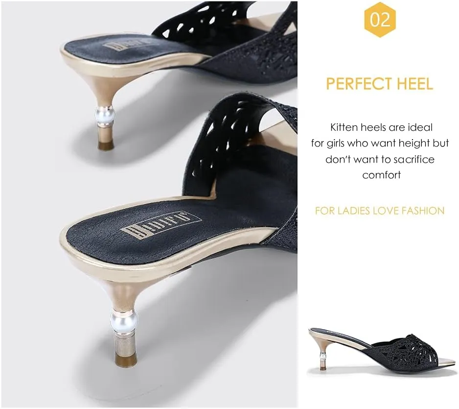 IDIFU Womens Silver Gold Wedding Shoes For Bride Bridesmaid Low Kitten Peep Toe Heels Dress Sandals Glitter Formal Slide Mules With Heel