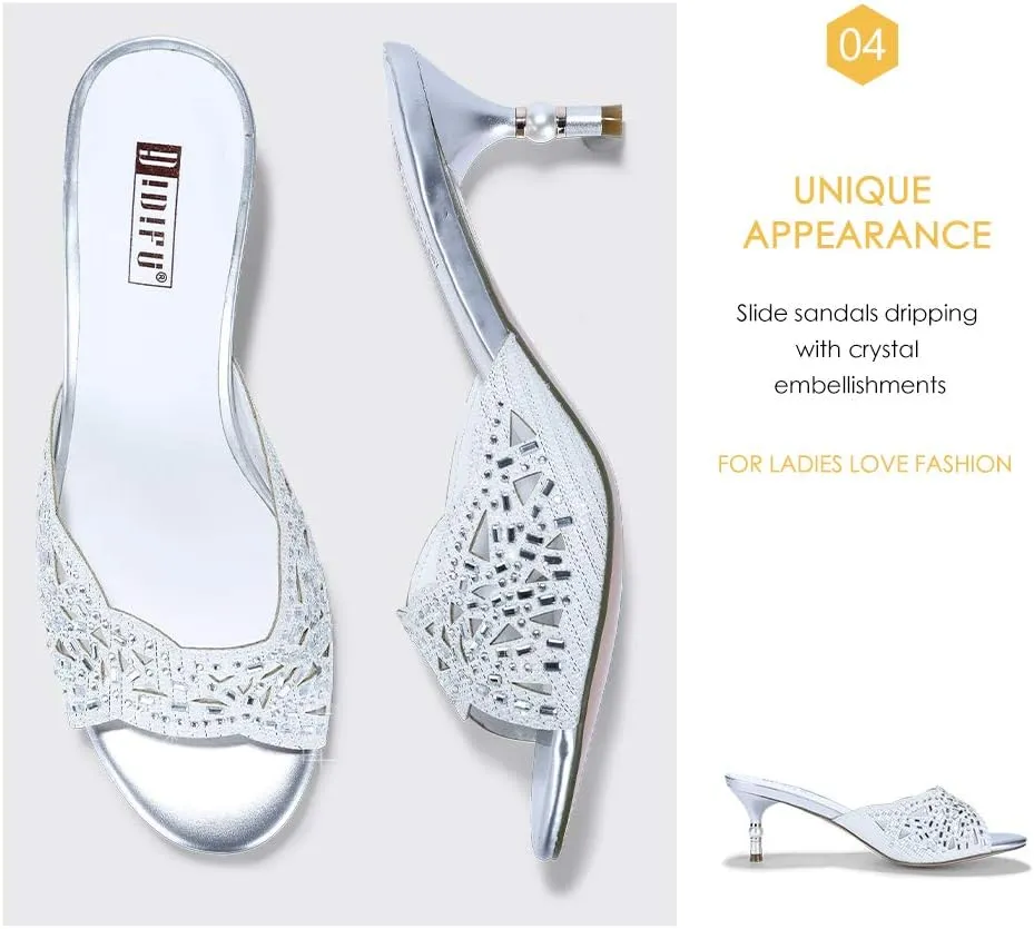 IDIFU Womens Silver Gold Wedding Shoes For Bride Bridesmaid Low Kitten Peep Toe Heels Dress Sandals Glitter Formal Slide Mules With Heel