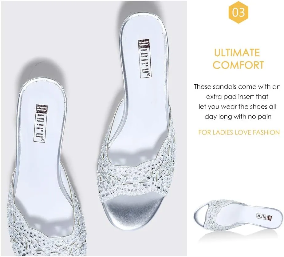 IDIFU Womens Silver Gold Wedding Shoes For Bride Bridesmaid Low Kitten Peep Toe Heels Dress Sandals Glitter Formal Slide Mules With Heel