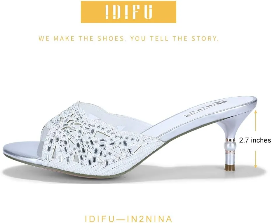 IDIFU Womens Silver Gold Wedding Shoes For Bride Bridesmaid Low Kitten Peep Toe Heels Dress Sandals Glitter Formal Slide Mules With Heel