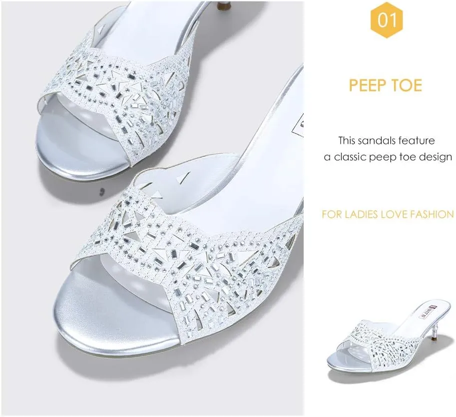 IDIFU Womens Silver Gold Wedding Shoes For Bride Bridesmaid Low Kitten Peep Toe Heels Dress Sandals Glitter Formal Slide Mules With Heel