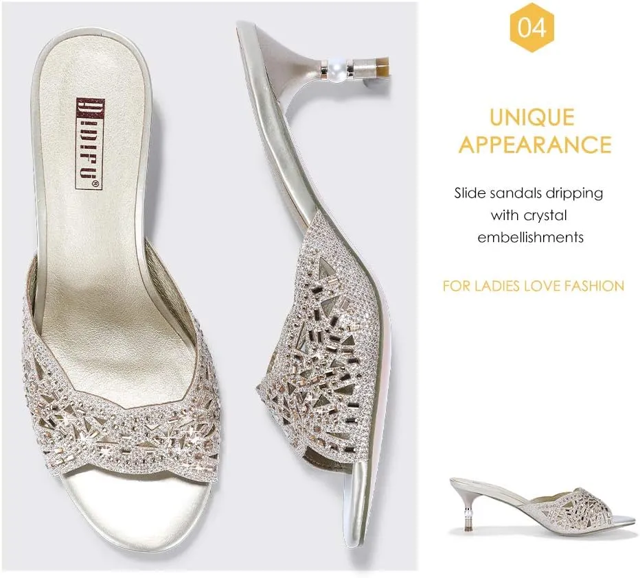IDIFU Womens Silver Gold Wedding Shoes For Bride Bridesmaid Low Kitten Peep Toe Heels Dress Sandals Glitter Formal Slide Mules With Heel