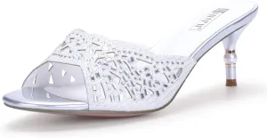 IDIFU Womens Silver Gold Wedding Shoes For Bride Bridesmaid Low Kitten Peep Toe Heels Dress Sandals Glitter Formal Slide Mules With Heel