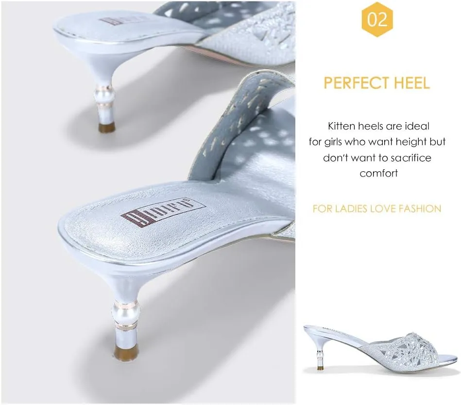 IDIFU Womens Silver Gold Wedding Shoes For Bride Bridesmaid Low Kitten Peep Toe Heels Dress Sandals Glitter Formal Slide Mules With Heel